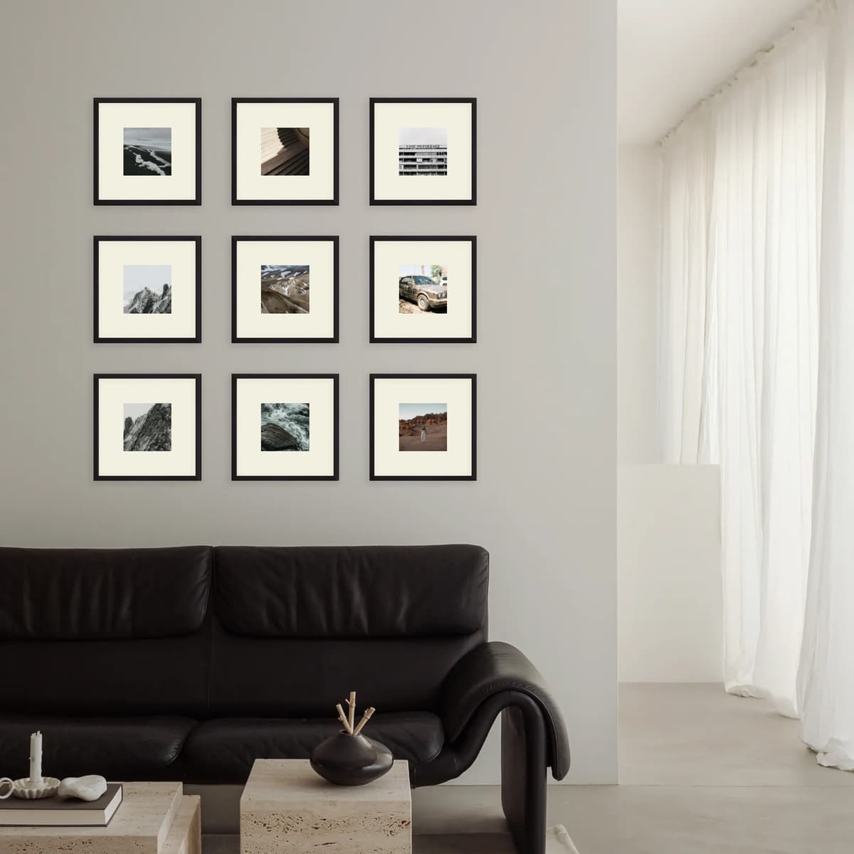 Classic Grid brings crisp, architectural order to your wall. Its modular squares expand from a neat 2×2 to a commanding 3×3 while preserving flawless spacing and symmetry. Perfect for cohesive photo series or minimalist interiors that demand balance and instant polish.