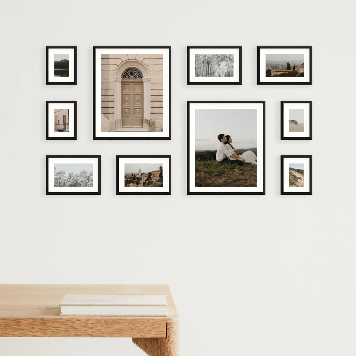 A striking, structured gallery layout built around a clean central axis.
With frames radiating outward in balanced directions, it creates a sense of focus and intentional order — perfect for highlighting your most meaningful moments with clarity and calm elegance.