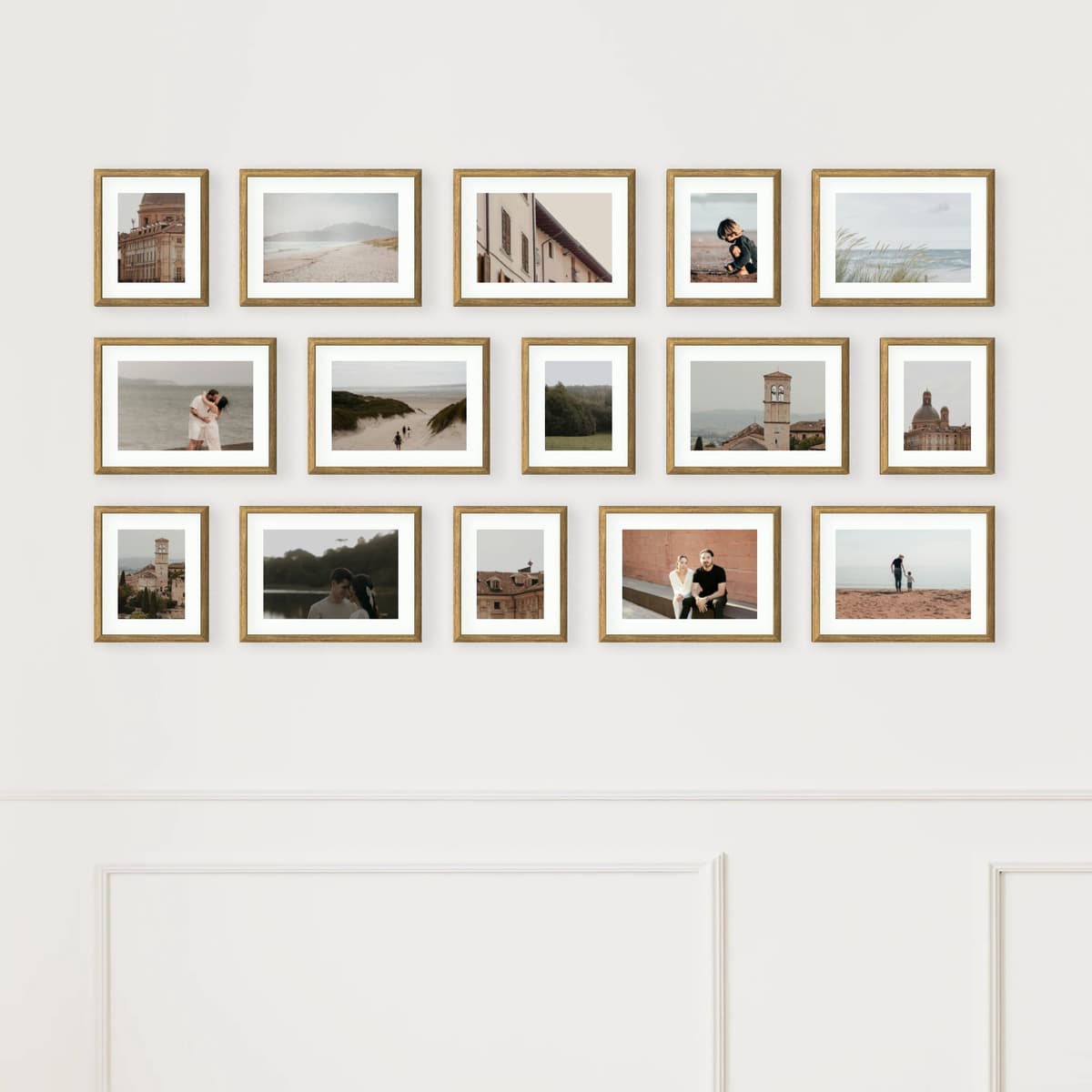 A harmonious gallery layout where frames line up in calm rhythm.
Perfect for hallways and living rooms, it creates a balanced story told in a steady, elegant sequence.