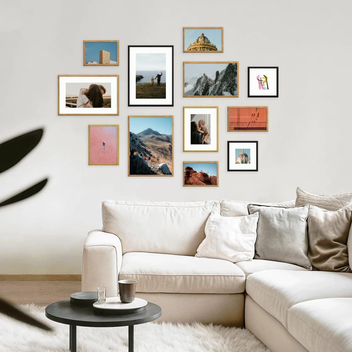 Patchwork Tableau mixes frames of varied sizes and finishes into one cohesive, quilt-like block. The shifting shapes create visual texture, yet the tight spacing keeps the whole composition tidy and purposeful. Ideal for eclectic photo sets or art prints when you want a curated, dynamic arrangement with character.
