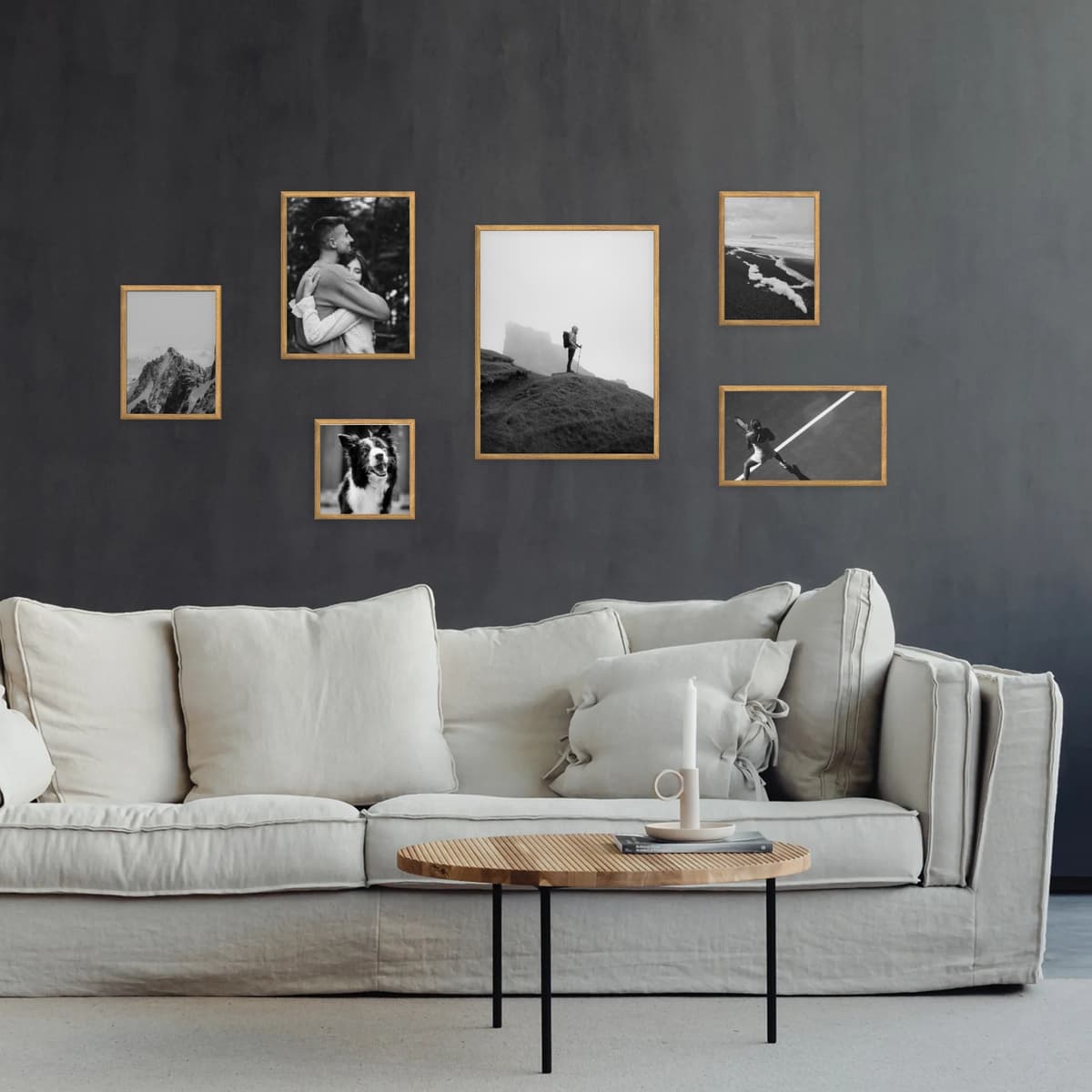 Stepped Vista rises in clean, staggered tiers that echo a mountain ridge or city skyline. The largest print anchors the middle, while smaller frames “step” up and down to guide the eye in a smooth visual ascent. An ideal layout for mixing portrait and landscape shots when you want height, rhythm, and a subtle sense of progression.